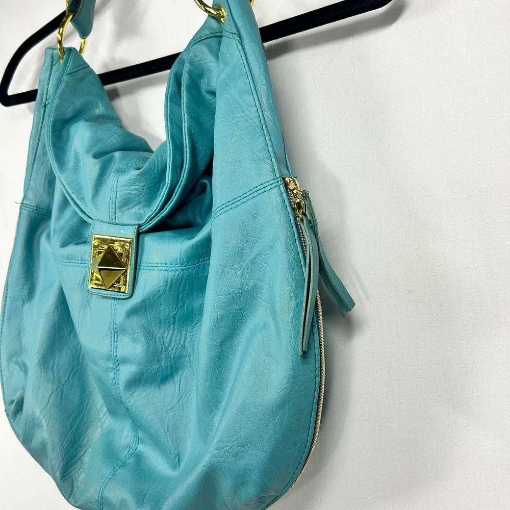 Turquoise Blue Slouchy Hobo Bag with Gold Hardware & Expandable Zipper